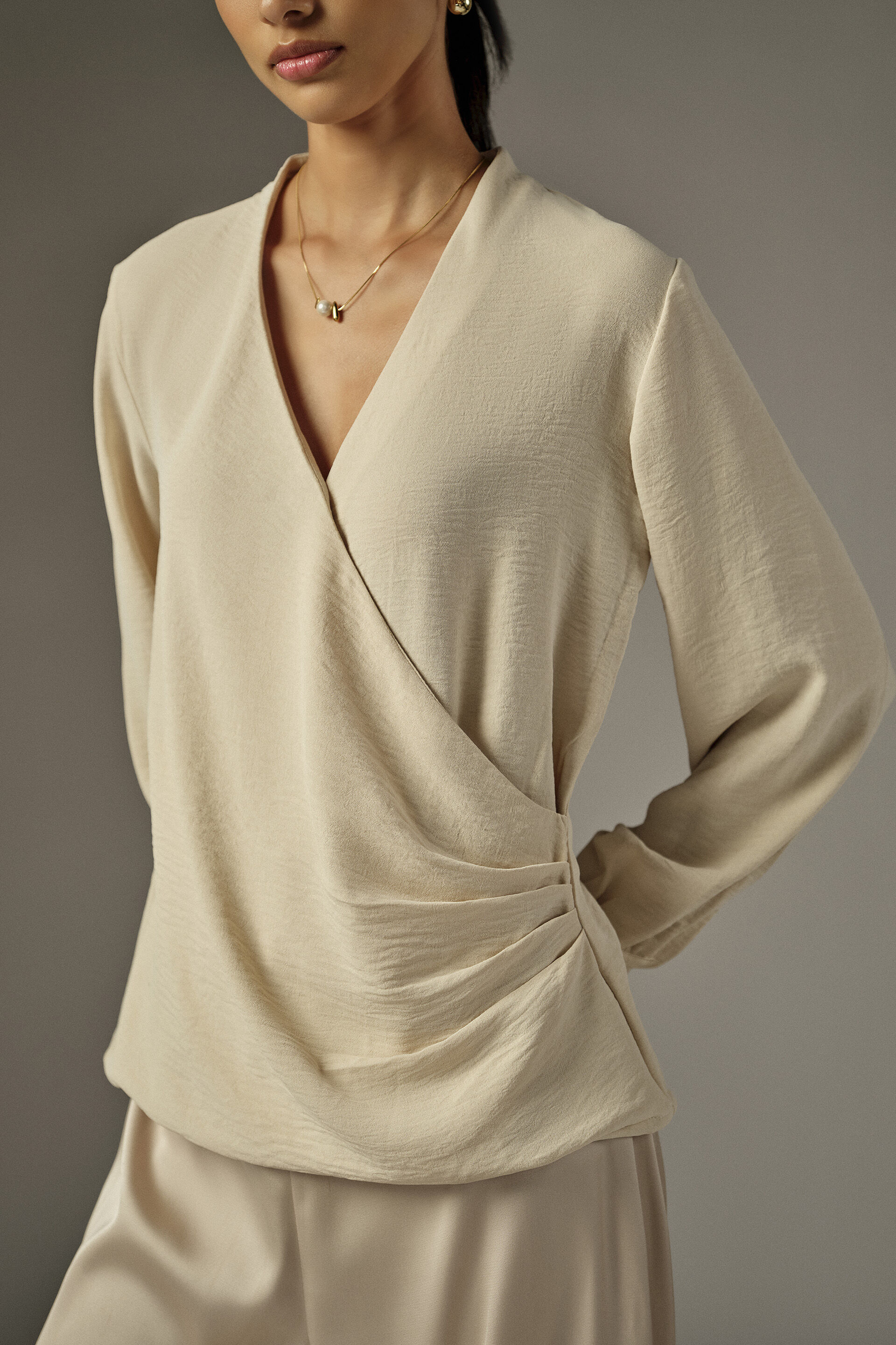 Wrap Full Sleeves Top in Beige, Beige, image 3